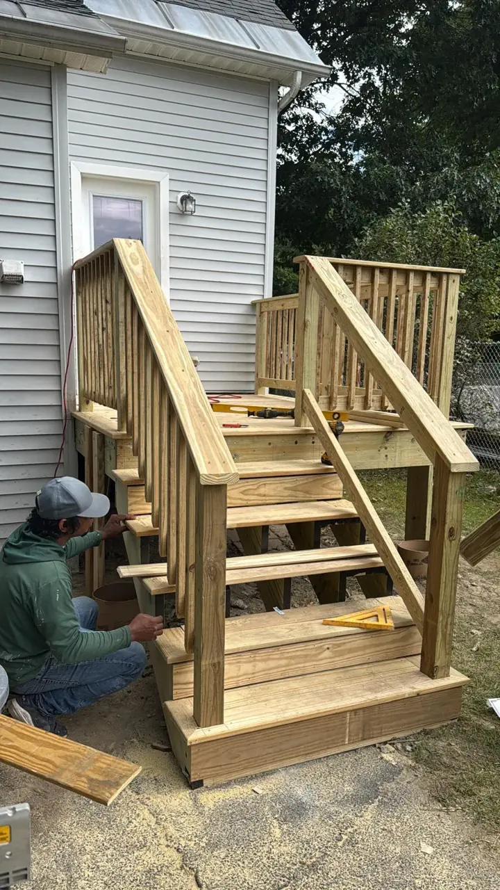 Carpenter finishing deck stairs and railings